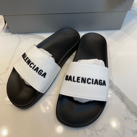 BALENCIAGA Women's Birublo Bicolor Logo Pool Slide Sandals 5 B/35 EU - Picture 14 of 14